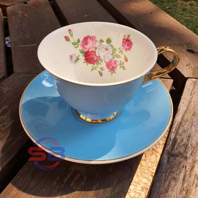 Cangkir Gelas Piring Keramik Cantik Mewah Motif Bunga - Biru Muda