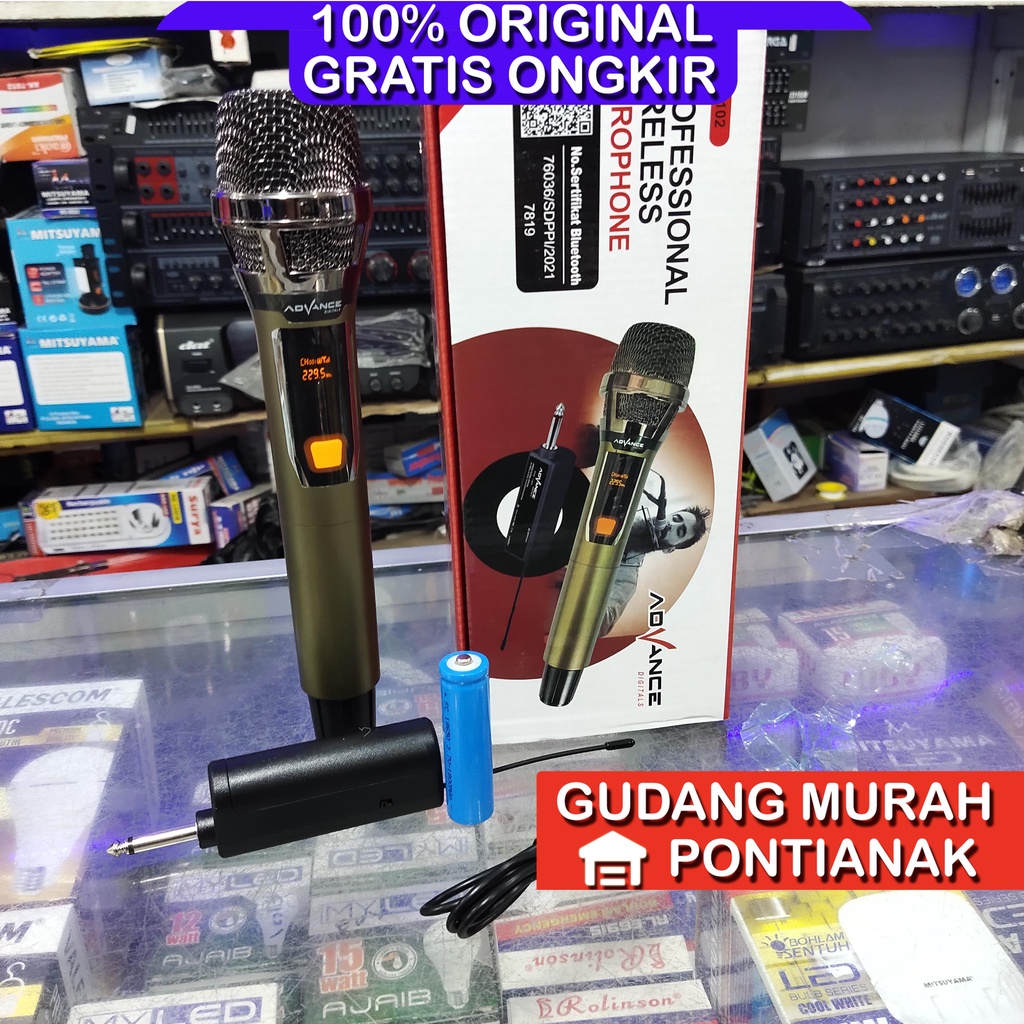 Microphone wireless Advance 102 Mic Karaoke Single Tanpa Kabel Warna kuning kilat emas gelap