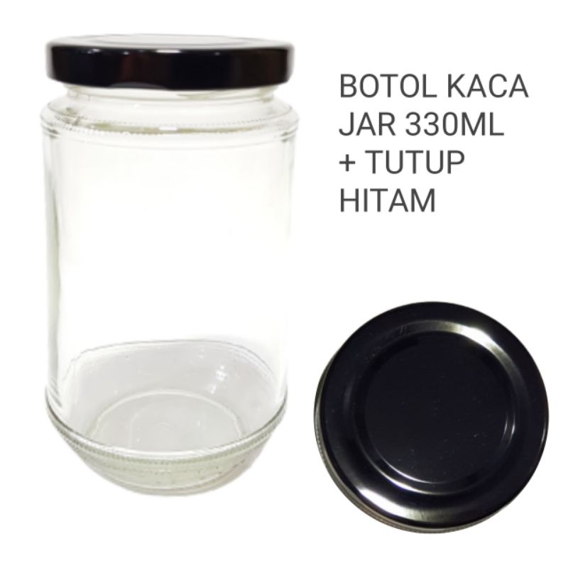 330ML BOTOL KACA  SILINDER JAR TOPLES KACA 330ML + TUTUP GOLD , TUTUP PUTIH , TUTUP HITAM jkt