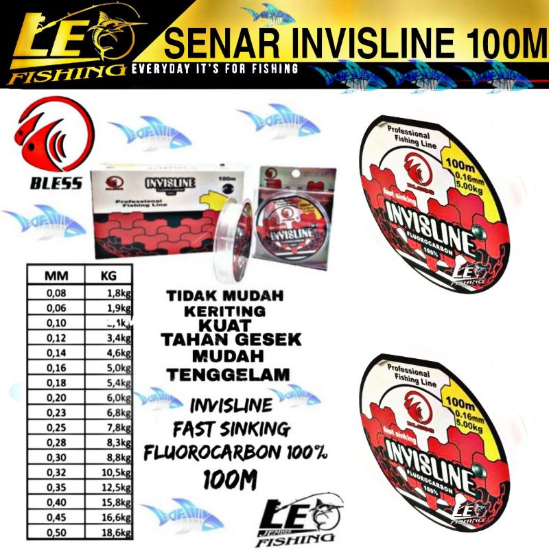 SENAR BLESS INVISLINE FLUROCARBON 100% PANJANG 100M SIZE 0.10 0.12 0.14 0.16 0.18 0.20 0.23 0.26 0.28 0.30 0.35 0.40 0.45 0.50