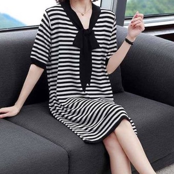 mid-length rok A-line wanita Korea longgar kasual lengan pendek