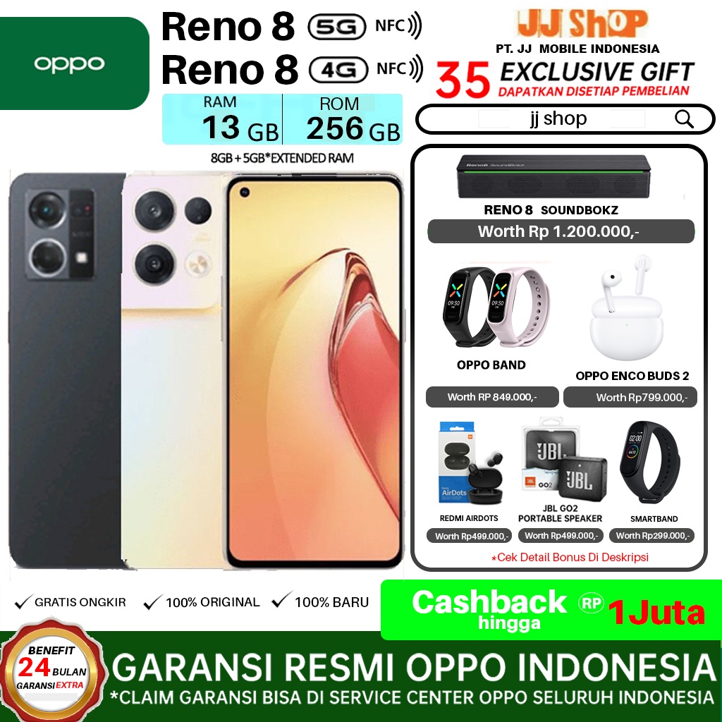 OPPO RENO 8 5G &amp; 4G RAM 13GB 8GB + 5GB ROM 256GB 13/256 8/256 GB GARANSI RESMI