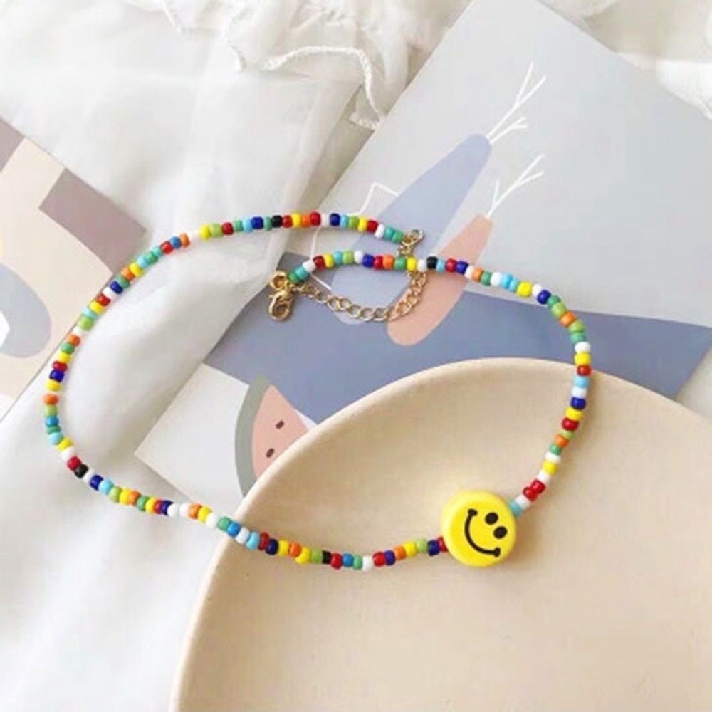 Women Ethnic Choker Necklace Girls Colorful Rice Beads Bohemian Necklace Smile Face Pendants