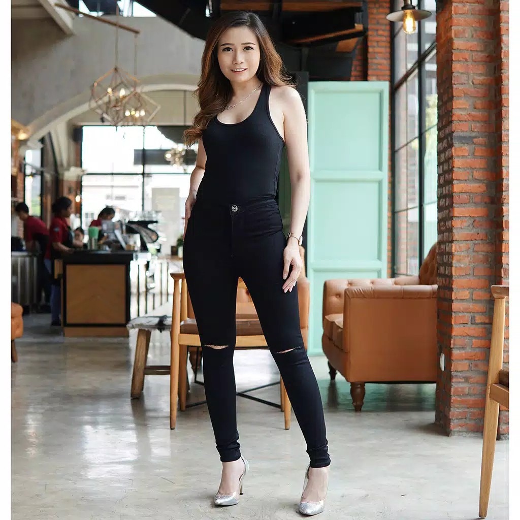 JEANS WANITA MURAH HIGH WAIST JEANS SOBEK LUTUT HITS KEKINIAN HW  JEANS HIGHWAIST JEANS KEKINIAN