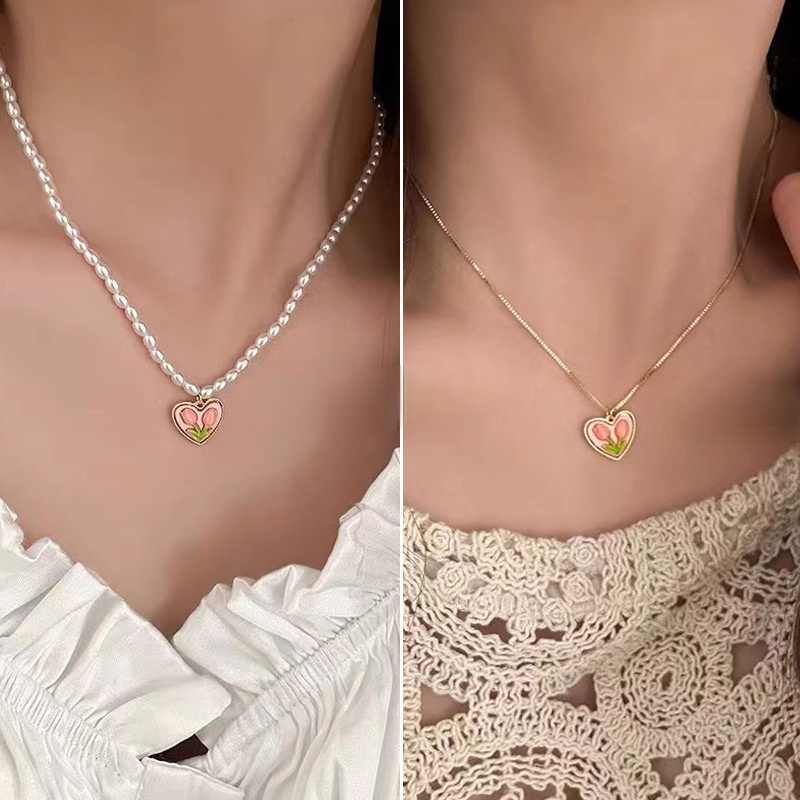 Kalung Rantai Mutiara Bentuk Hati tulip Warna pink Gaya Korea Untuk Wanita