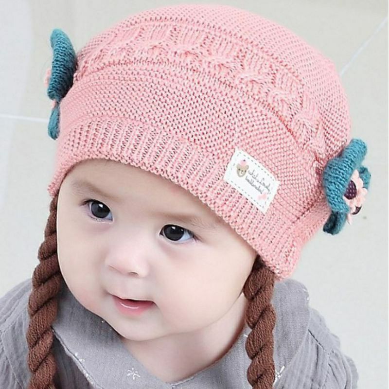 Topi  Bayi Kupluk Rambut Kepang Motif Pita / Baby Hat Wig / Topi Bayi Rambut