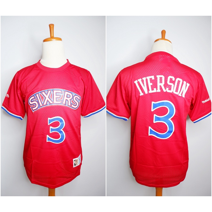 JERSEY BASKET BERLENGAN SLEEVE JERSEY SIXERS #3 ALLEN IVERSON MERAH MITCHELL&NESS