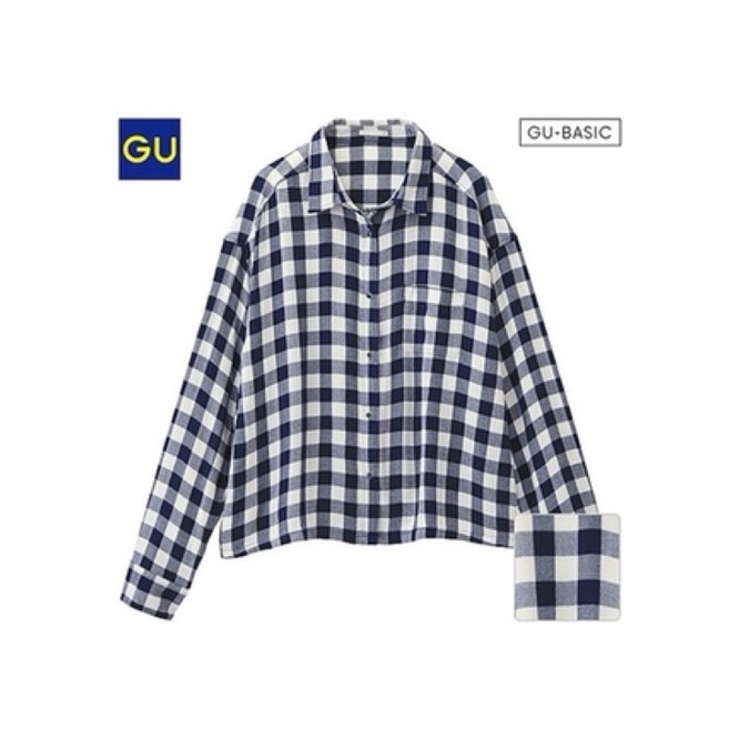 Kemeja Wanita Casual Legan Panjang Kotak Kotak GU  Crop-Navy Kotak Crop