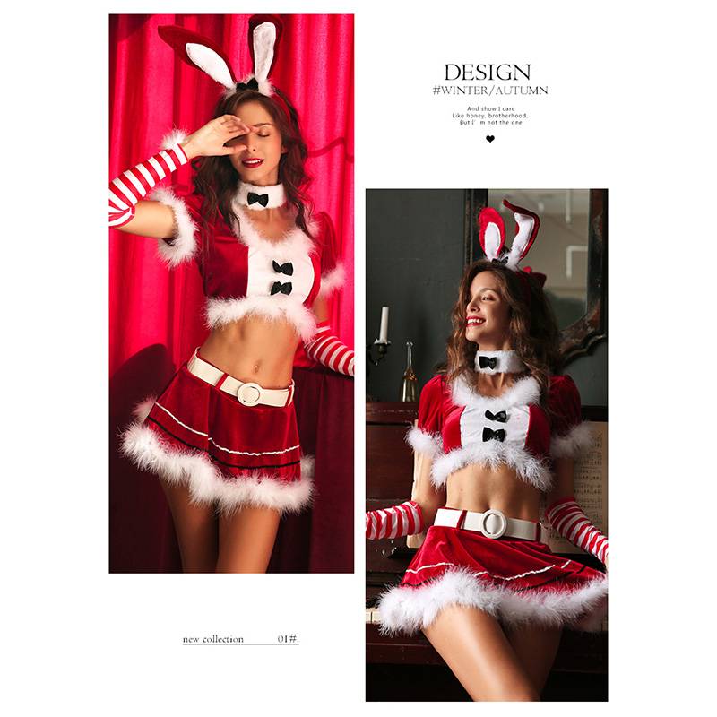 【Wetrose】Tiktok Super Seksi Lucu Merah Bunny Girl Gadis Seragam Cosplay Beludru Lingerie Set Untuk Natal Untuk X-Mas Christmas