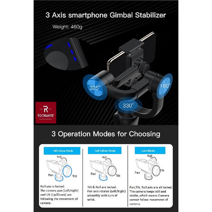 ROCKWARE RW-S5B - 3-Axis Folding Stabilizer - Gimbal Smartphone