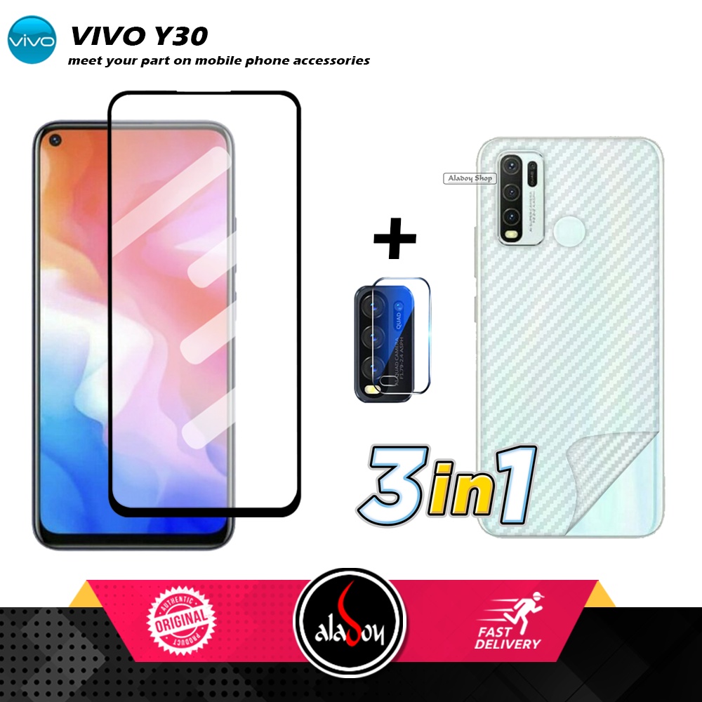 PAKET 3 IN 1 Tempered Glass Layar VIVO Y30 Free Tempered Glass Camera dan Skin Carbon