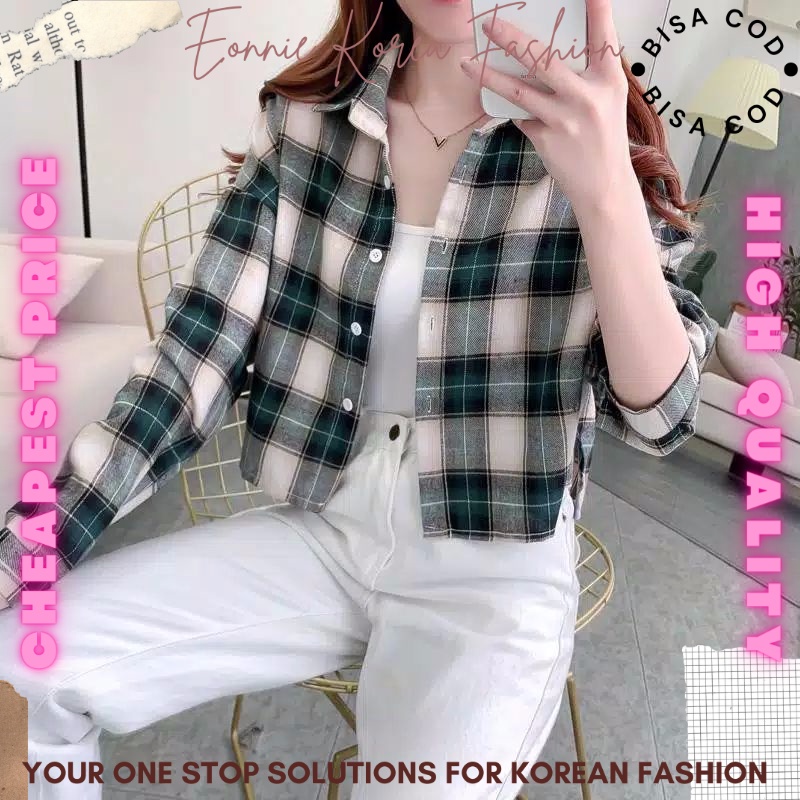 Kemeja Wanita Crop Kotak Kotak/ Kemeja Wanita Flanel/ Kemeja Crop Korean Style Kotak/ Kemeja Oversiz