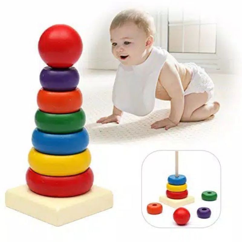 Puzzle Kayu Rainbow Tower Menara Pelangi Ring Donat Kayu