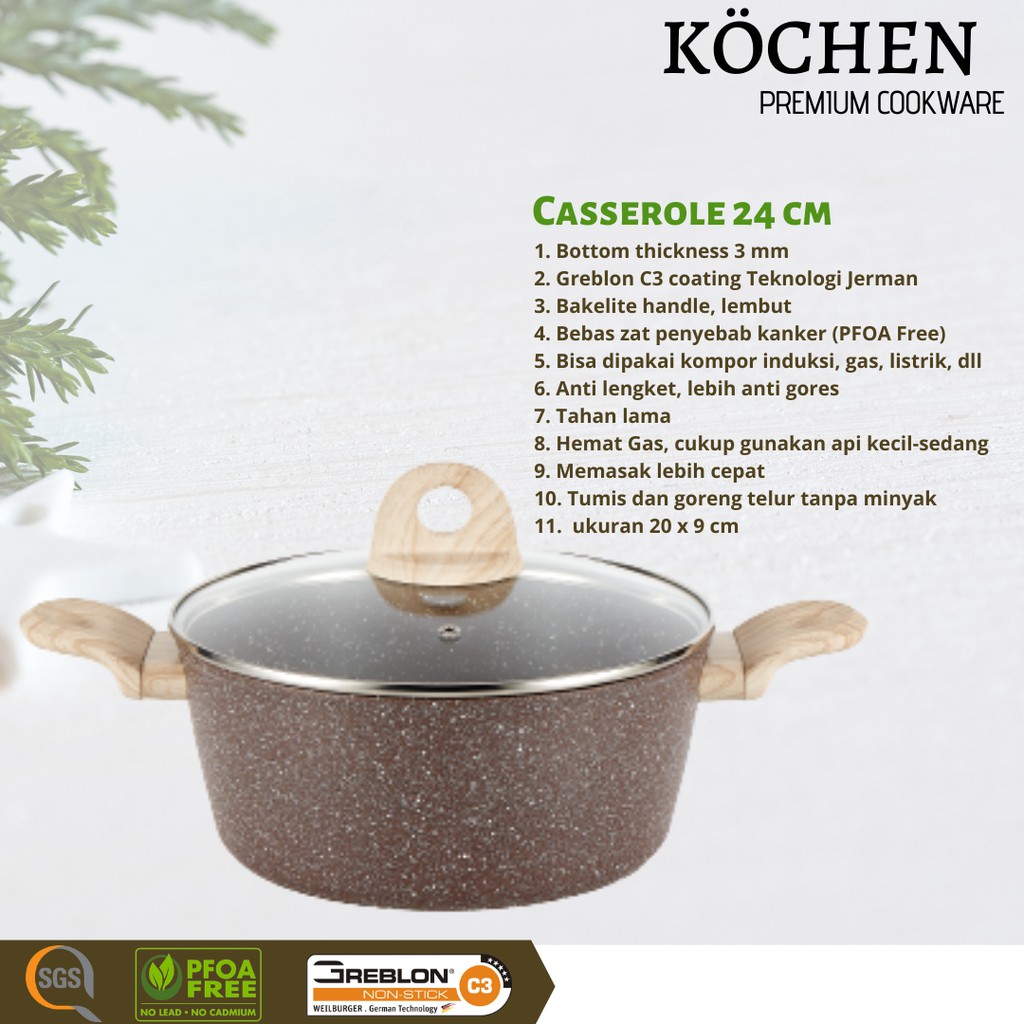 Panci Granit Casserole 24 Cm Kochen Anti Lengket Coating Greblon C3 c*rote