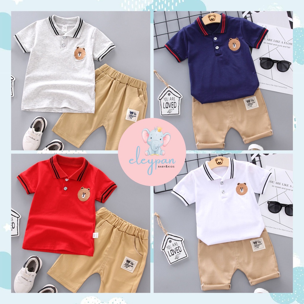 Setelan Polo Anak Import Stelan Baju &amp; Celana Anak Laki Motif Beruang / Baju Anak Cowok