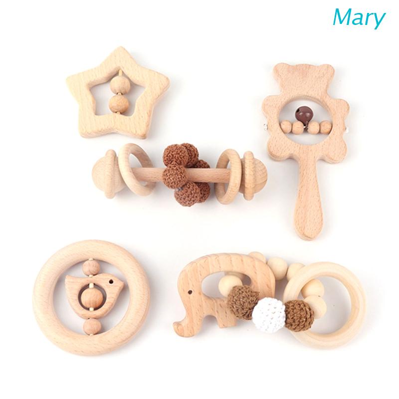 Mary 5pcs / Set Mainan Rattle + Teether + Gelang Tangan + Bel + Musik Bahan Kayu Untuk Newborn / Bayi