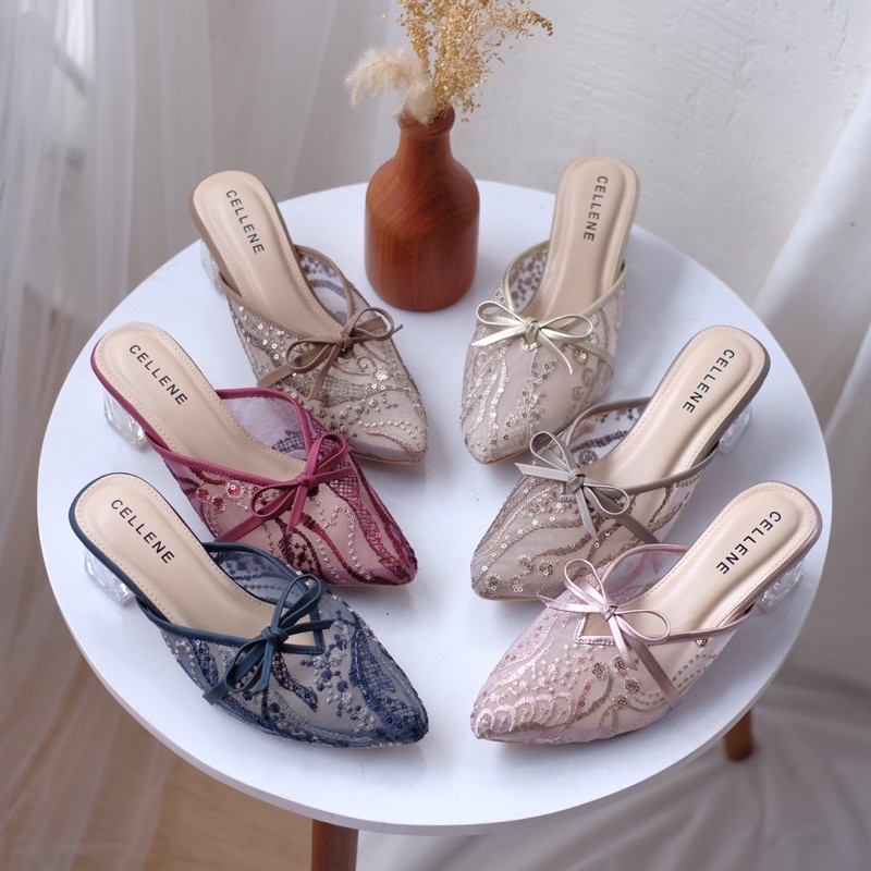 [CELLENE] CANBERRY Clear Heels / wedding shoes 5cm hak kaca brukat brokat sepatu pengantin pita