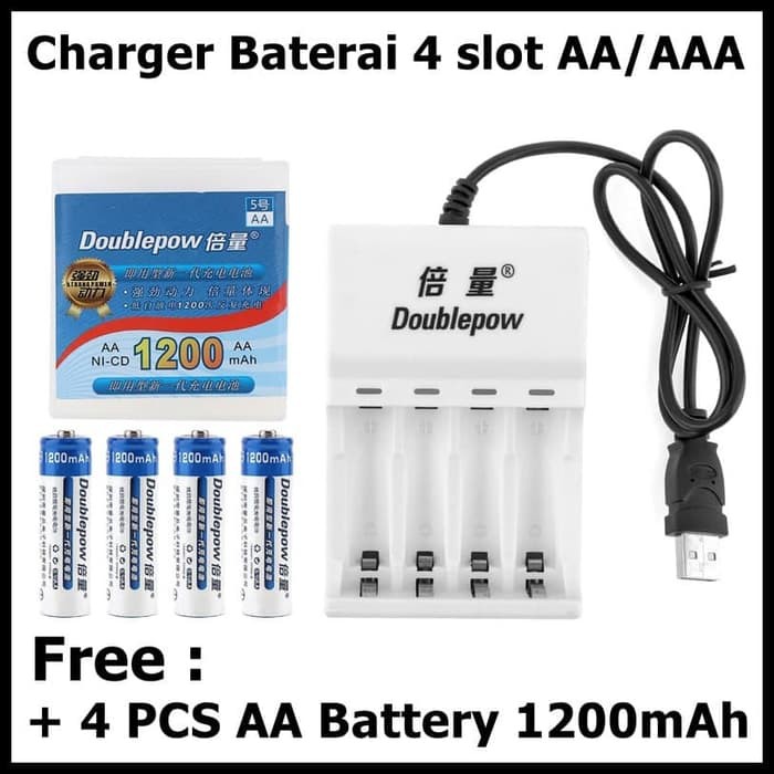 DOUBLEPOW USB Charger Baterai 4 slot AA/AAA &amp; 4 PCS AA Battery 1200mAh