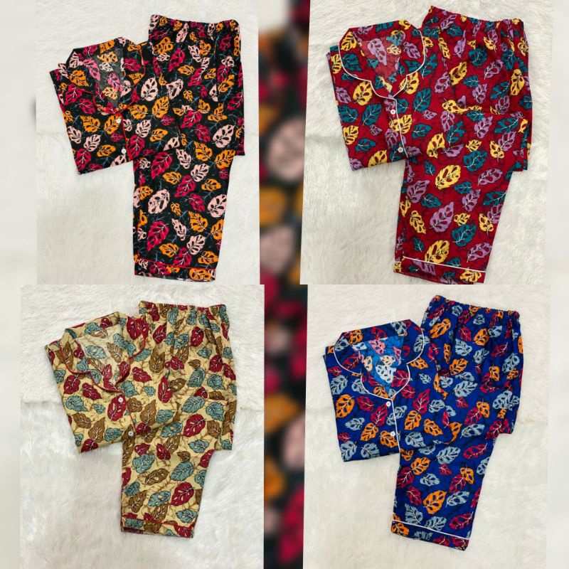 Baju Tidur Piyama Wanita/Cewek Dewasa Pajamas Katun Motif Daun Janda Bolong