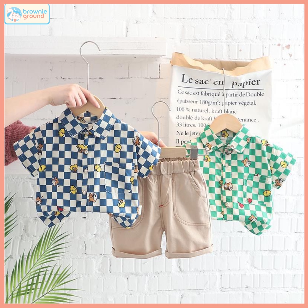 BROWNIEGROUND- Setelan anak Kotak Enimal baju baby impor korea/ 0-4 Tahun baju baby lengan pendek