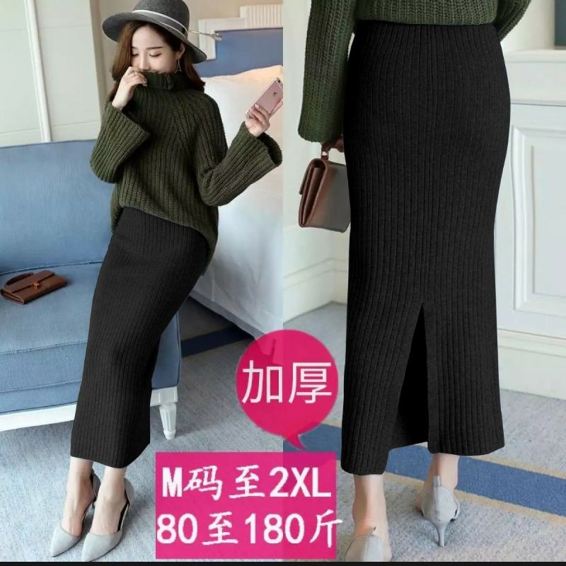 Rok rajut panjang span belah hitam import,abu pendek