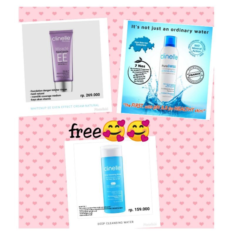 clinelle ee cream ivory, pureswiss thermal spring water free micellar water 5in 1