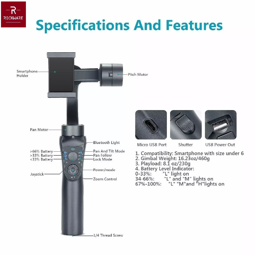 ROCKWARE RW-S5B - 3-Axis Folding Stabilizer - Gimbal Smartphone