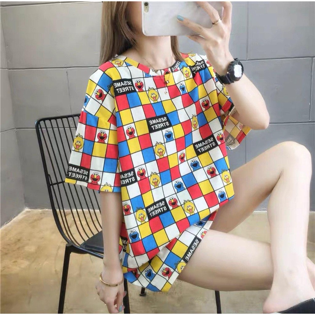 Oversize Tee Tshirt Wanita Model Longgar Motif Sesame Kotak