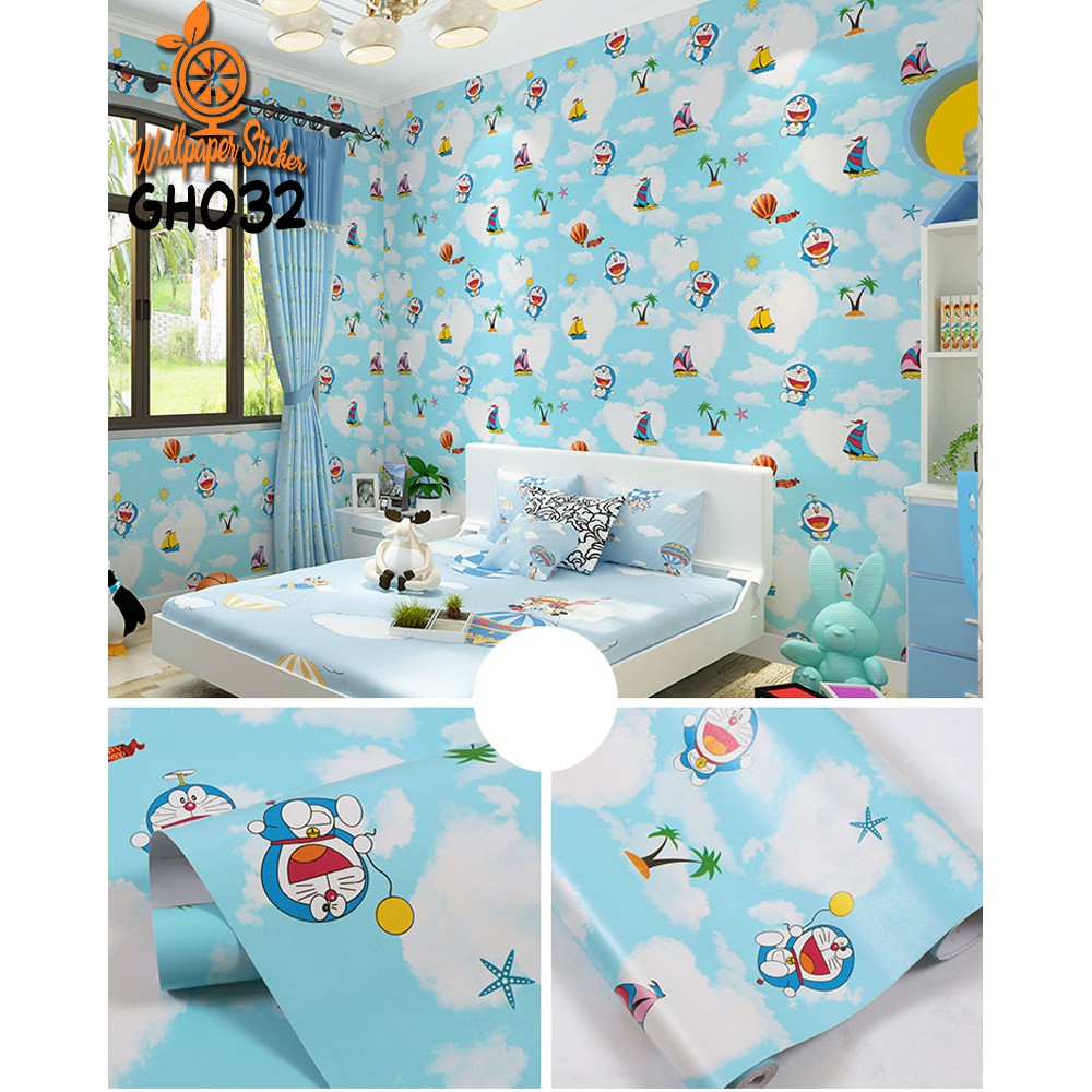 Wallpaper Stiker Dinding Motif karakter doraemon dan hello kitty wallpaper 3D 9meter high quality