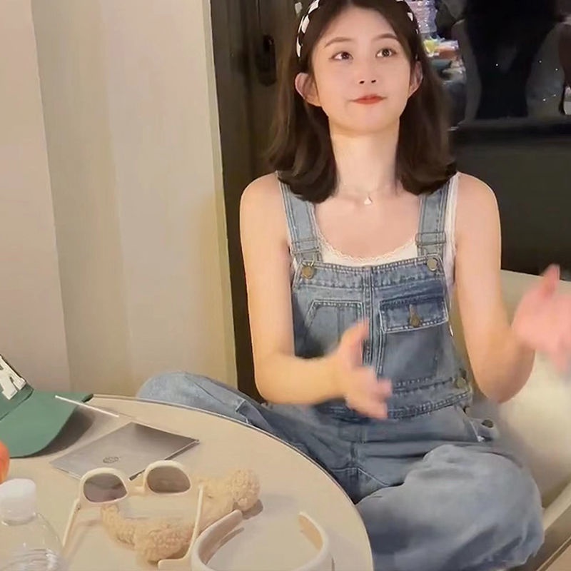 Tren awal musim gugur versi Korea dari overall denim kasual kecil baru tren celana one-piece wide-le