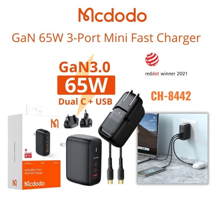 MCDODO CH-8442 Adaptor Charger Mini 65W GAN PD Dual Type C + USB + Cable Fast Charger Universal