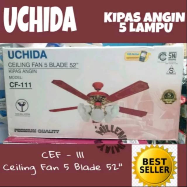 KIPAS ANGIN GANTUNG MEREK UCHIDA MASPION 52in 5 lampu CF-111 warna MERAH