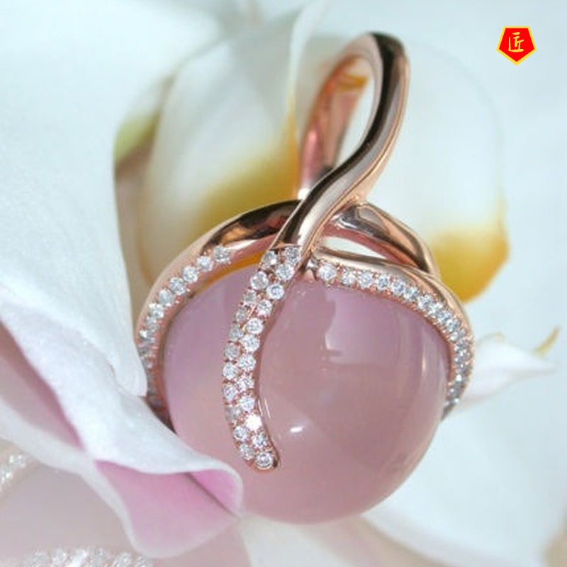 [Ready Stock]Pink Crystal Moonstone Diamond-Studded Ring Sweet and Elegant