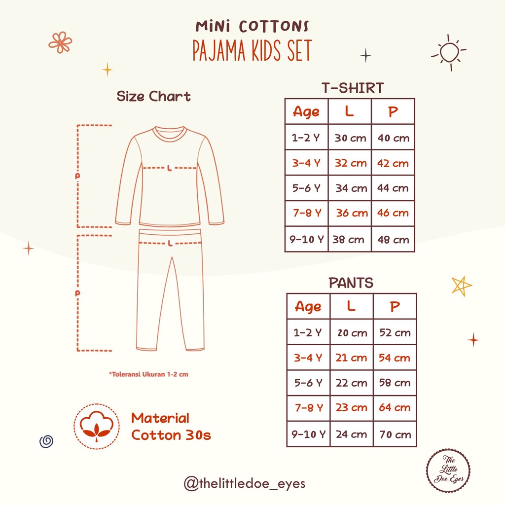 MINI COTTONS Setelan Piyama Set Baju Tidur Anak Kaos Polos