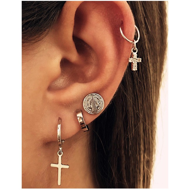 LRC Anting Set Fashion Silver Cross Alloy Diamond Geometric Earring Set K36035