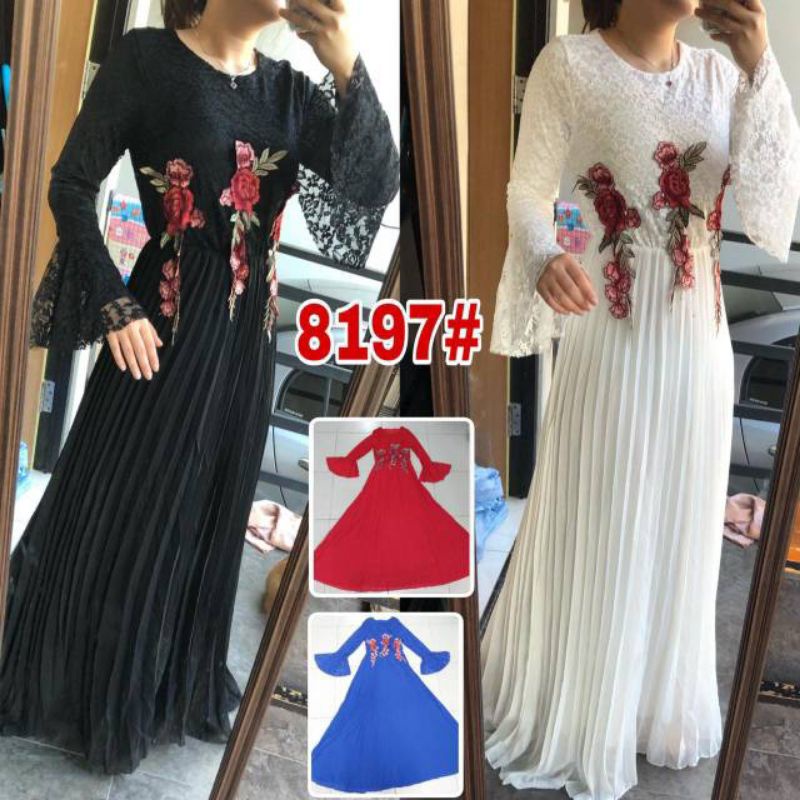 GAMIS BRUKAT FLOWERY / GAMIS PLISKET IMPORT / GAUN PESTA WANITA