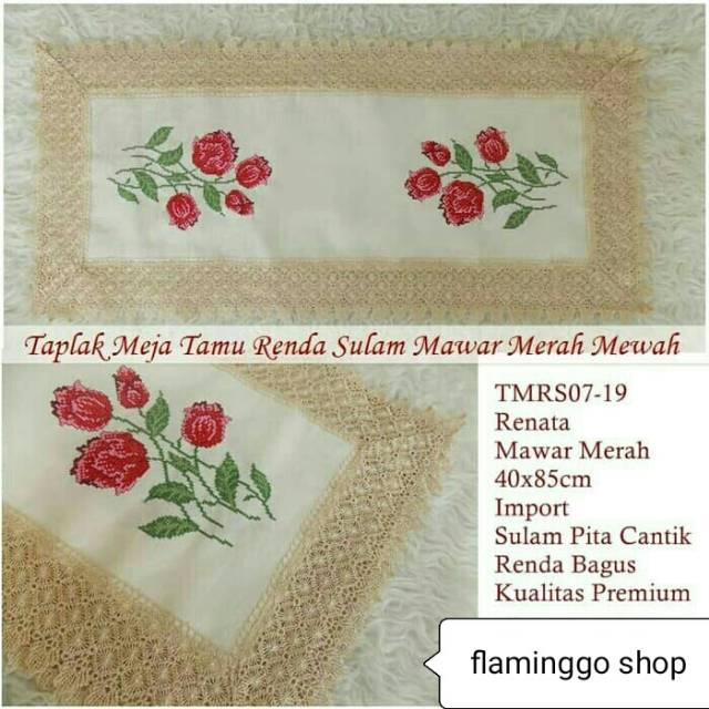 Taplak meja tamu shabby chic vintage bunga sulam strimin import