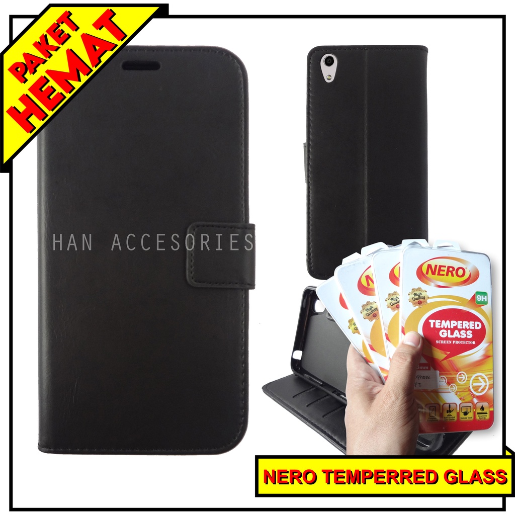 (PAKET HEMAT) Fashion Selular Flip Leather Case OPPO A37/NEO 9 Flip Cover Wallet Case Flip Case + Nero Temperred Glass