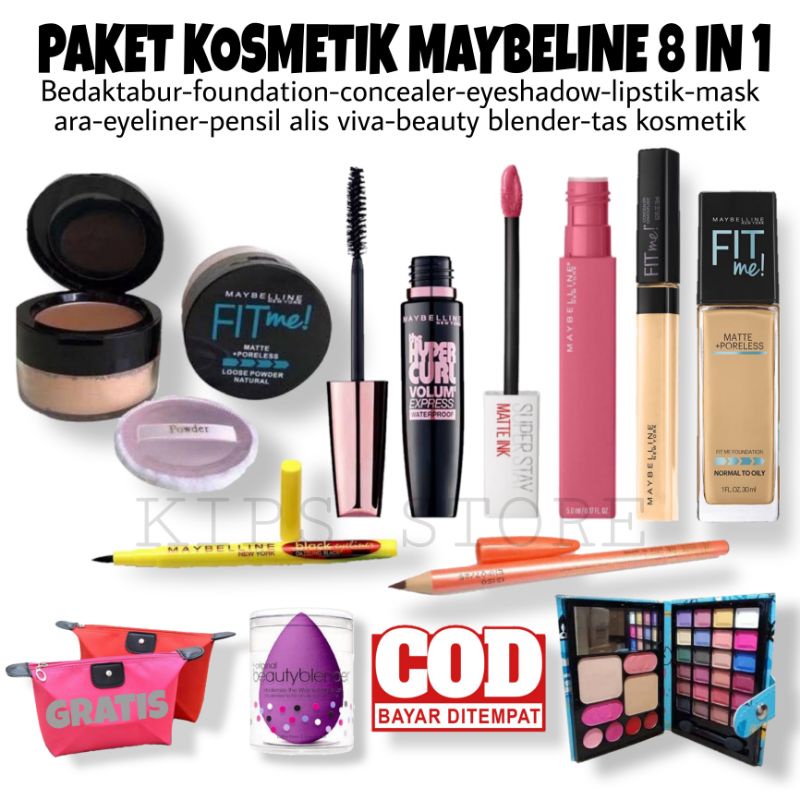 Paket Makeup Set 8 in 1 Maybelline / Paket Kecantikan 8 in 1 Bedak Tabur Lengkap