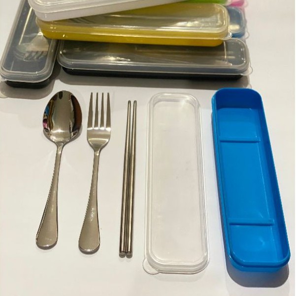 READY STOCK Set Alat Makan Box Transparan ( Sendok Garpu dan Sumpit ) Stainless Steel HQ!