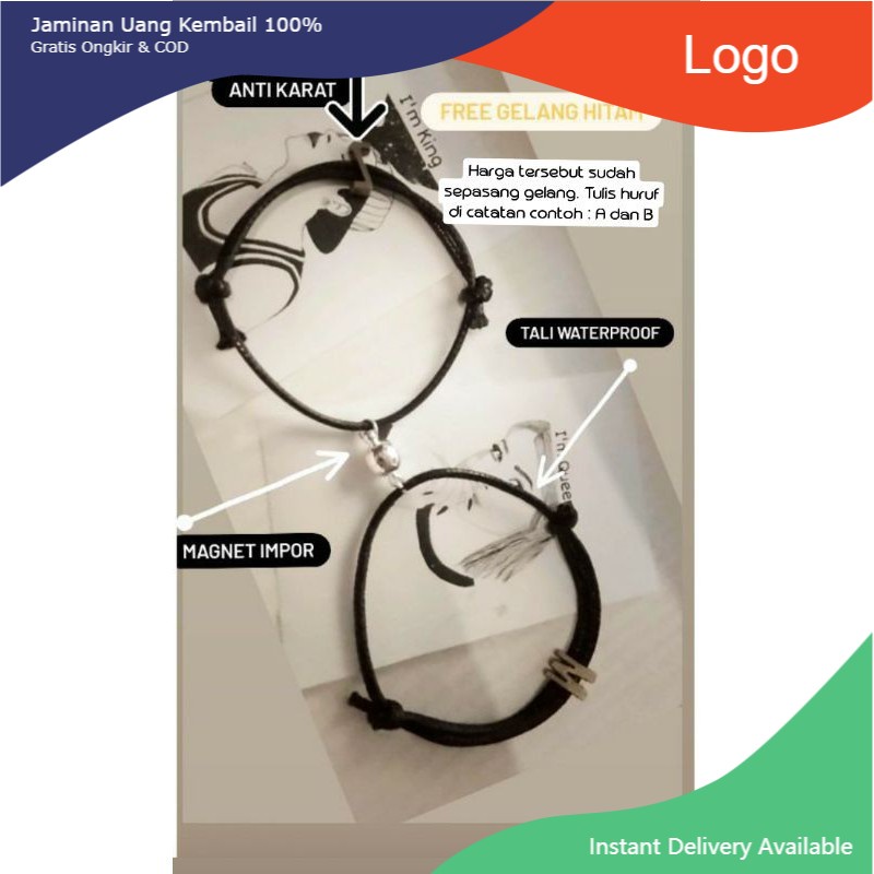 (2pcs)Gelang inisial magnet queenking/ gelang huruf / untuk couple Hadiah valentine / kado pacar goo