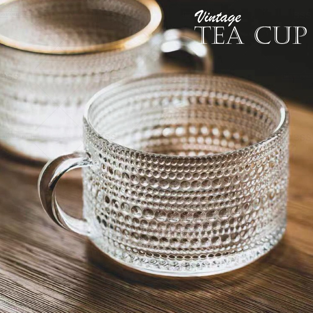 Gelas Cangkir Teh Kaca 400ml Tea Cup Motif Matahari Polkadot Timbul Vintage