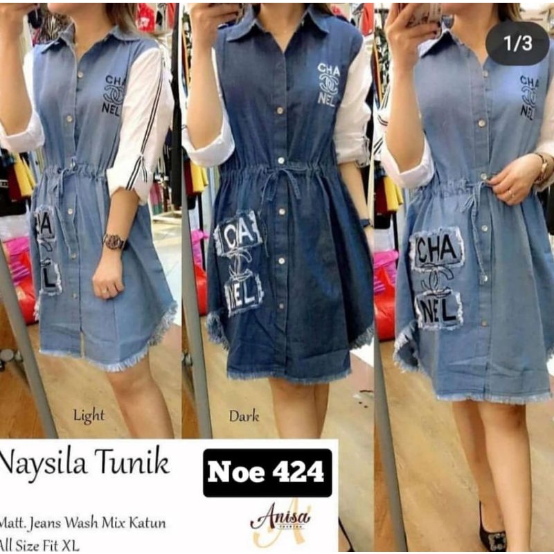 TUNIK JEANS PINGGANG SERUT KOMBINASI TANGAN LIST PUTIH BAJU ATASAN WANITA TERBARU