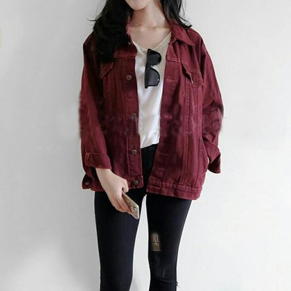 jaket denim maroon