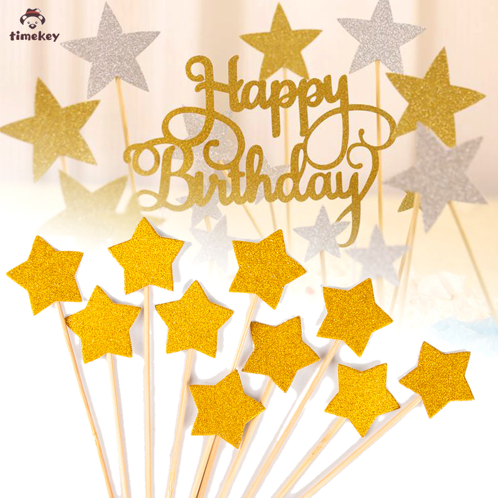 [DIY]10pcs Topper Kue Bentuk Bintang Hati Glitter Untuk Pesta Ulang Tahun