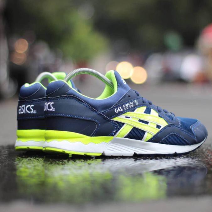 promo asics gel lyte v navy neon green / sepatu pria wanita running gym terbaru