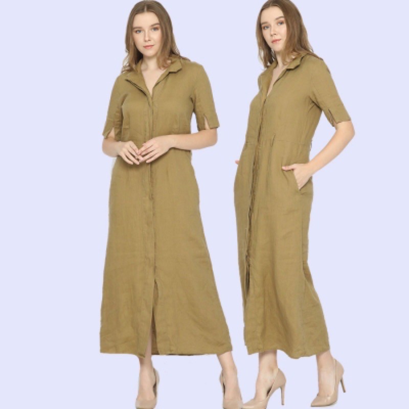 ESPRIT 2105 Linen Shirtdress Khakis  Terusan Maxi Dress 