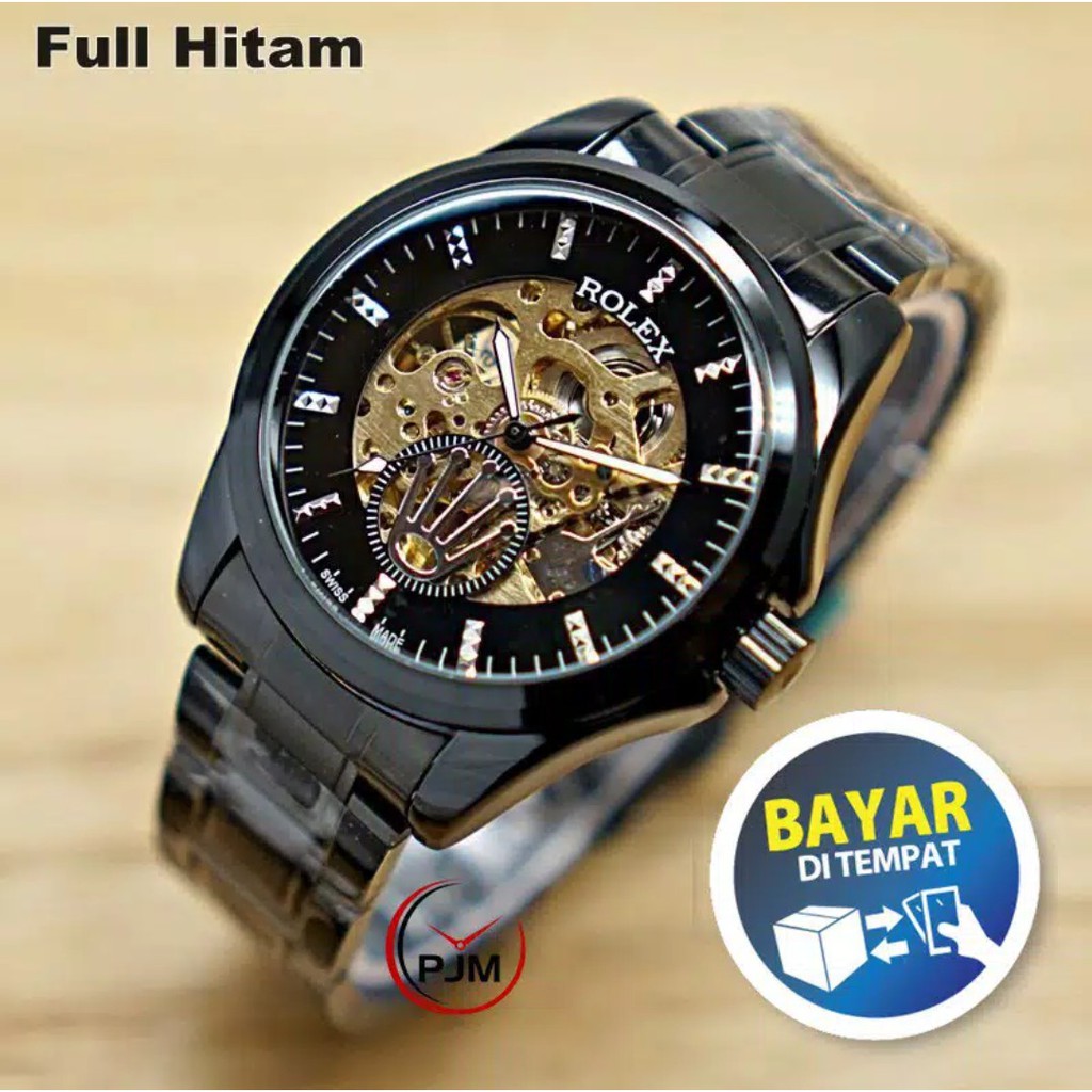 Jam Tangan Pria  Rolex Automatic Mesin Transparan Stainless Steel Logo Bawah
