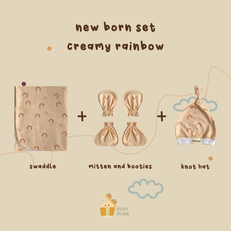 Minimine - New Born Set Print / paket bayi baru lahir berisi bedong sarung tangan kaki topi / selimut bayi / paket new born / swaddle / mitten and booties / knot hat / paket komplit bayi baru lahir / paket hemat murah