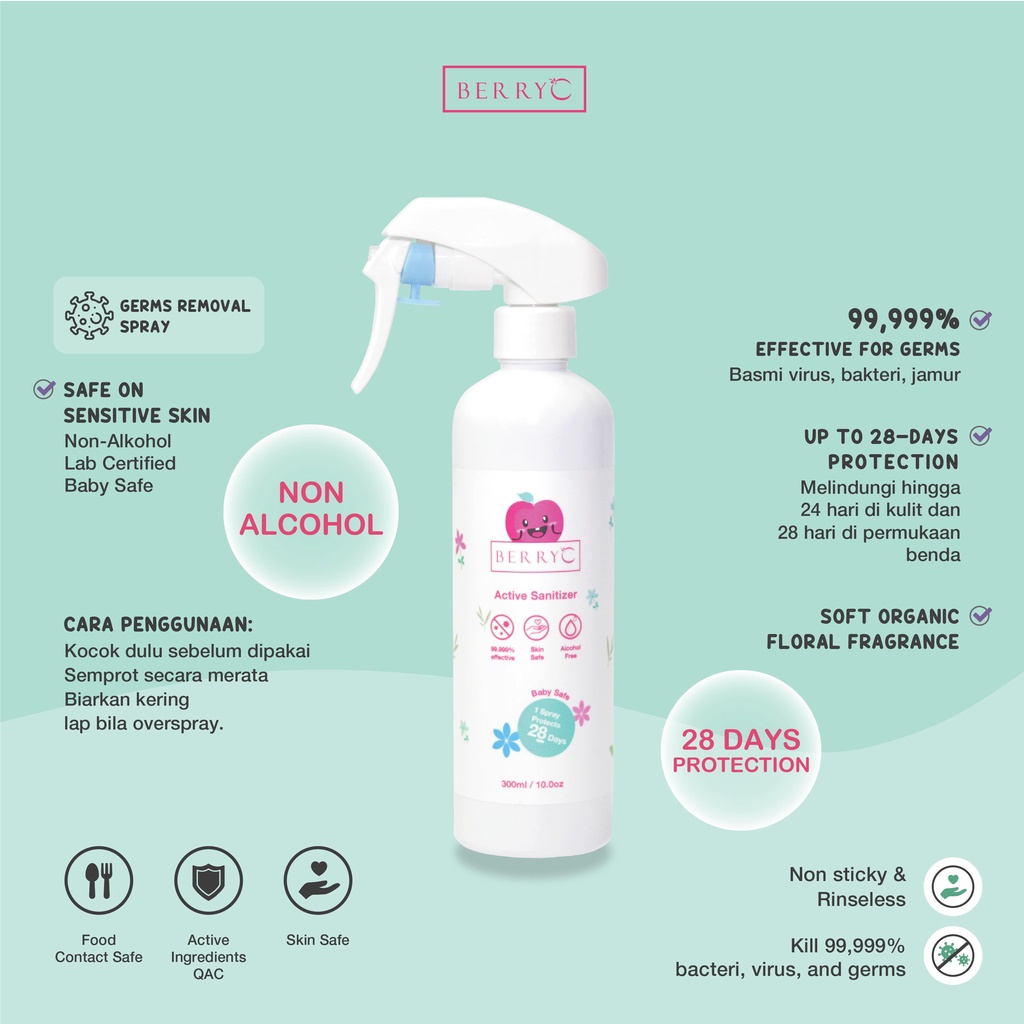 BerryC Active Sanitizer Spray 300ml Natural Food Grade Hand Antiseptik Non Alcohol Alkohol Aman untuk Bayi Anak Dewasa COVID19 HFMD Alat Makan Travel Size Refill Malaysia Halal Proteksi Protection Perlindungan Aktif Coronavirus Organik Harum Sensitif Skin